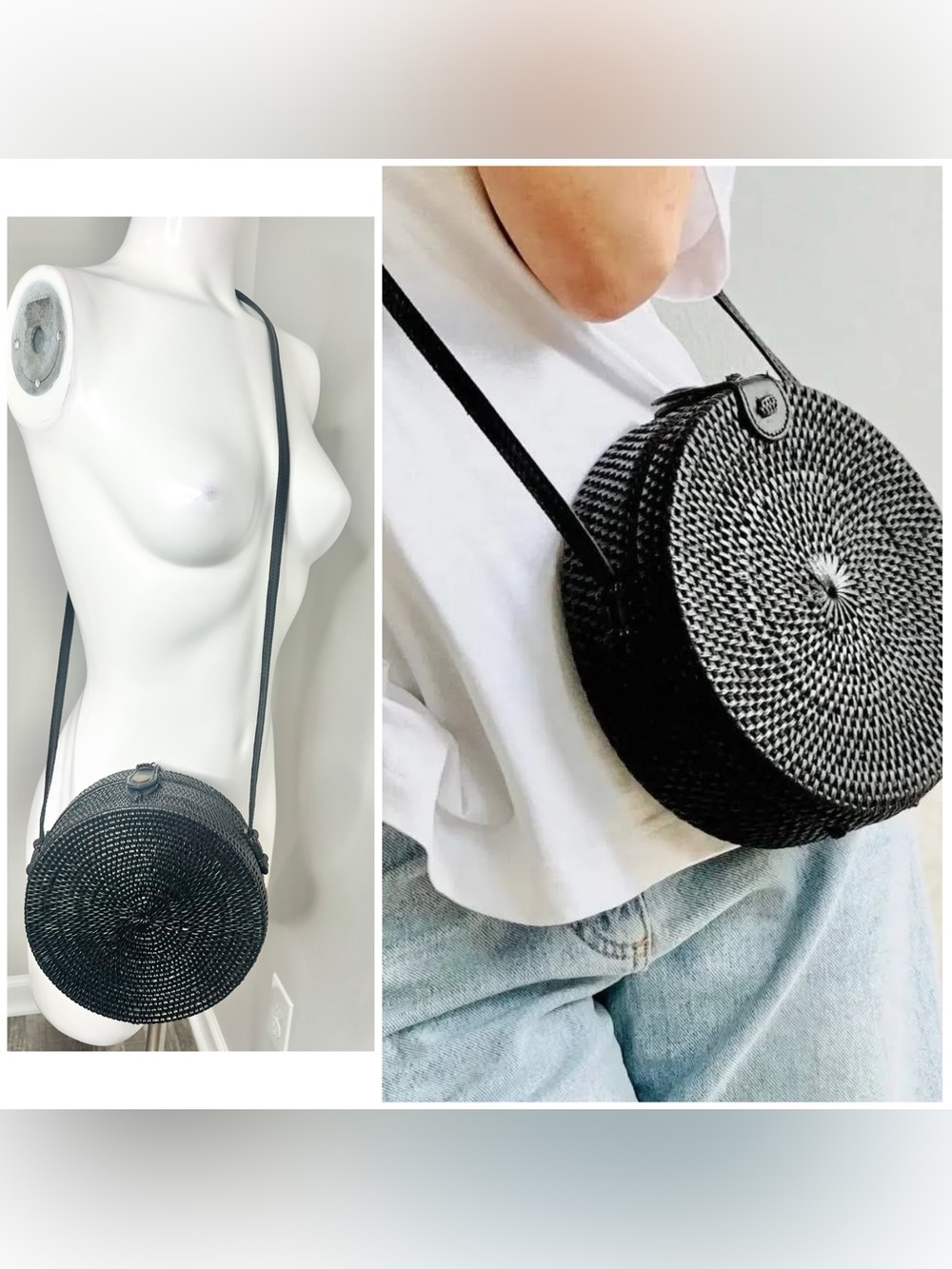 Round Black Woven Shoulder Bag